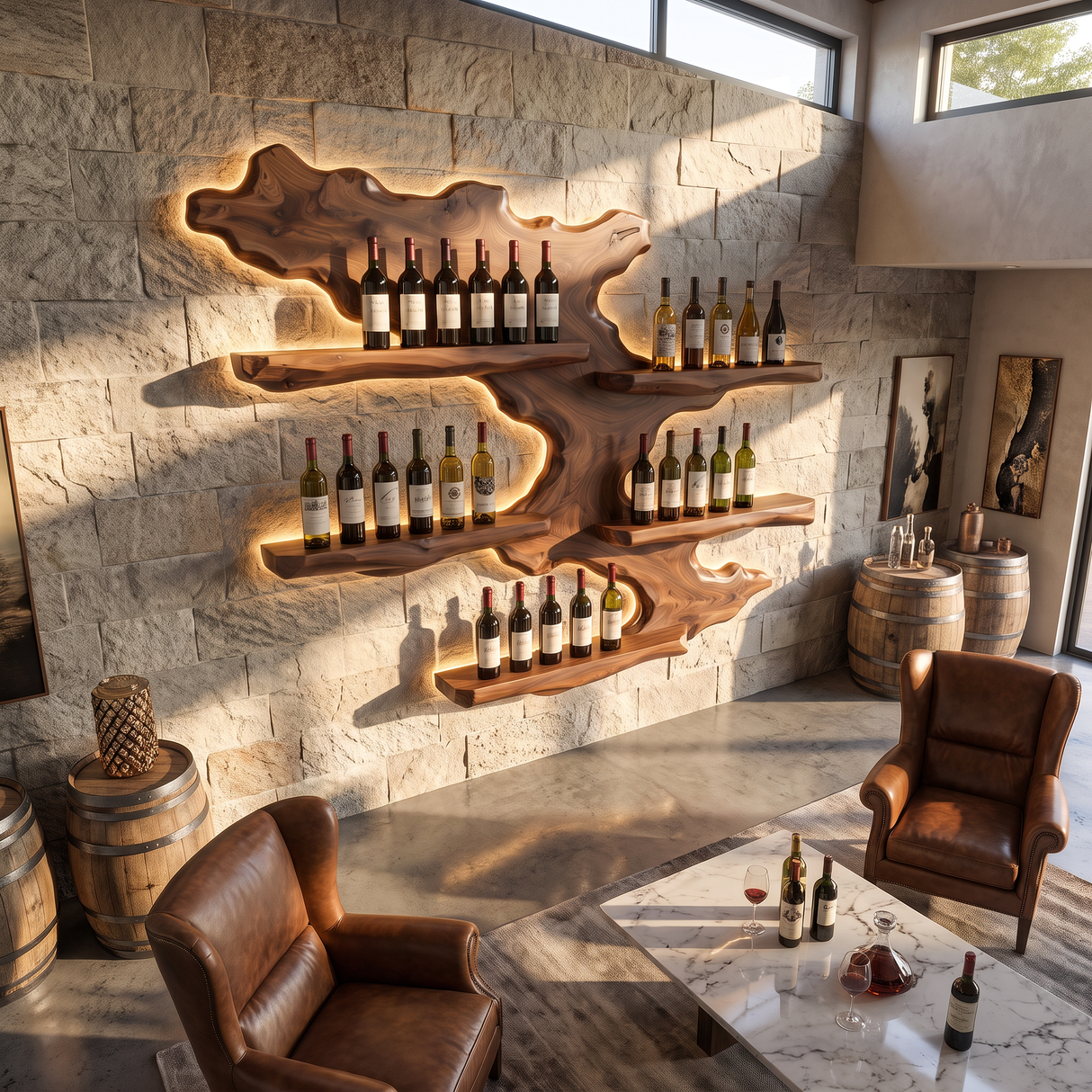 Wall Mounted Wine Rack Solid Wood Layered Branch Shelves