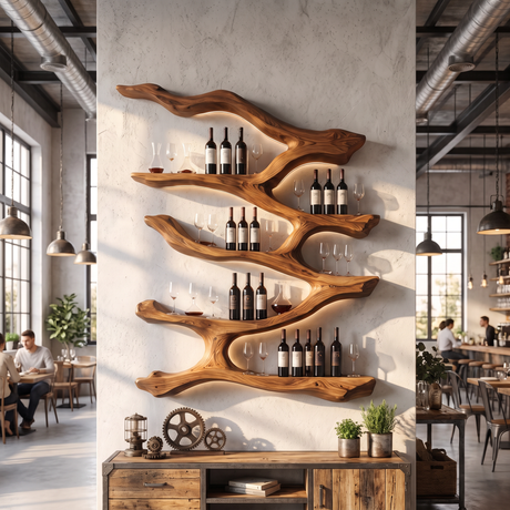 Wall Mounted Wine Rack Solid Wood Flowing Branch Shelves