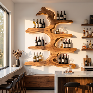 Wall Wine Rack Solid Wood with Sculptural Tree Branch Shelves for Dining Room