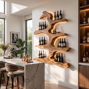 Wall Wine Rack Solid Wood with Sculptural Tree Branch Shelves for Dining Room