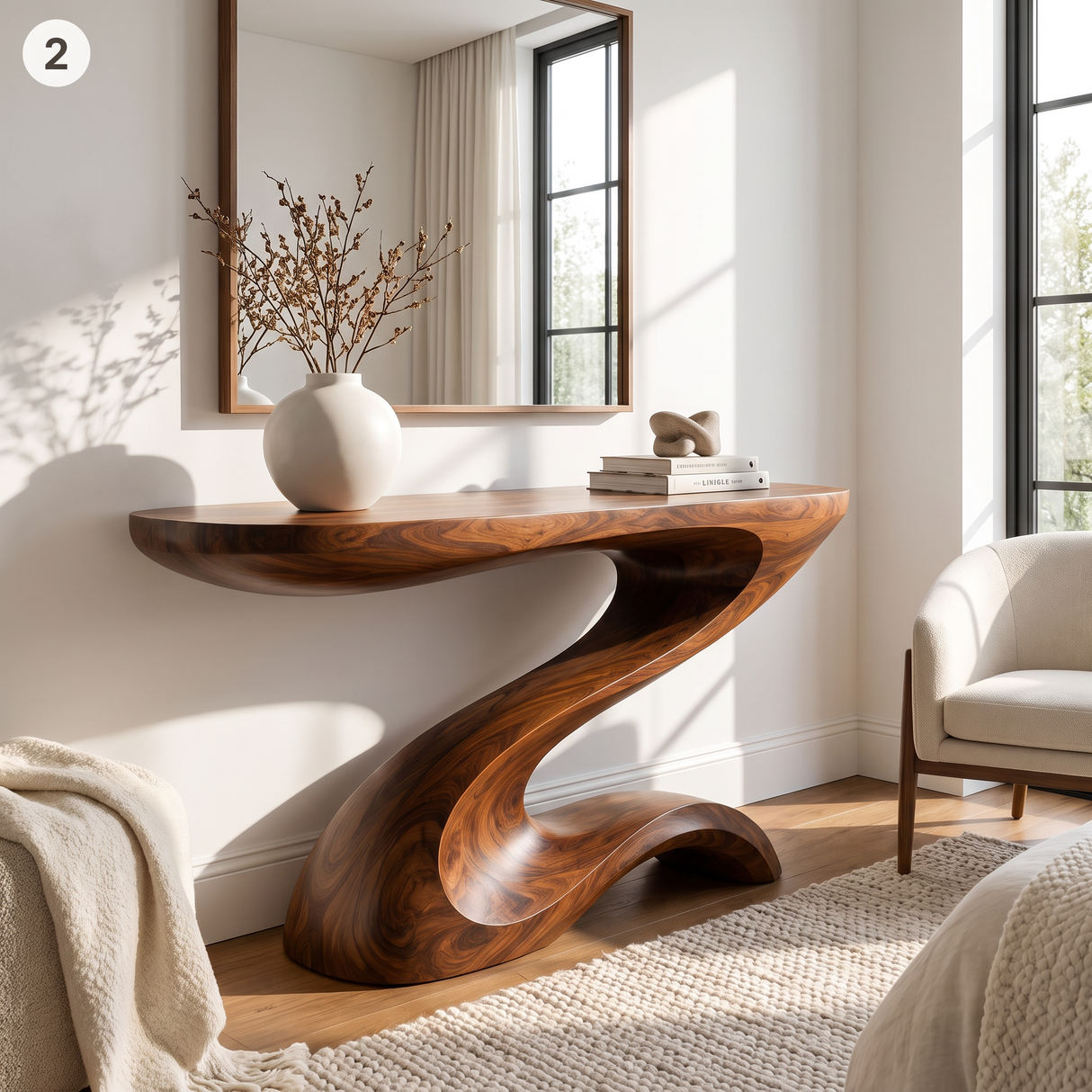 Console Table Solid Wood with Sculptural Z Curve Base for Entryway Decor