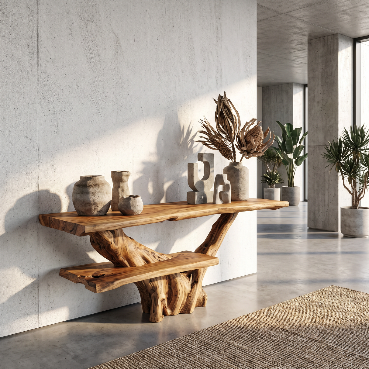 Console Table Solid Wood with Integrated Bench and Tree Branch Base