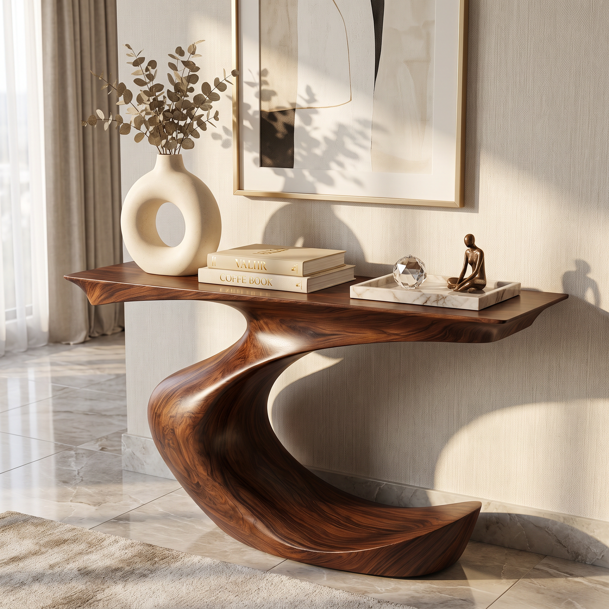 Console Table Solid Wood with Sculptural Crescent Curve Base