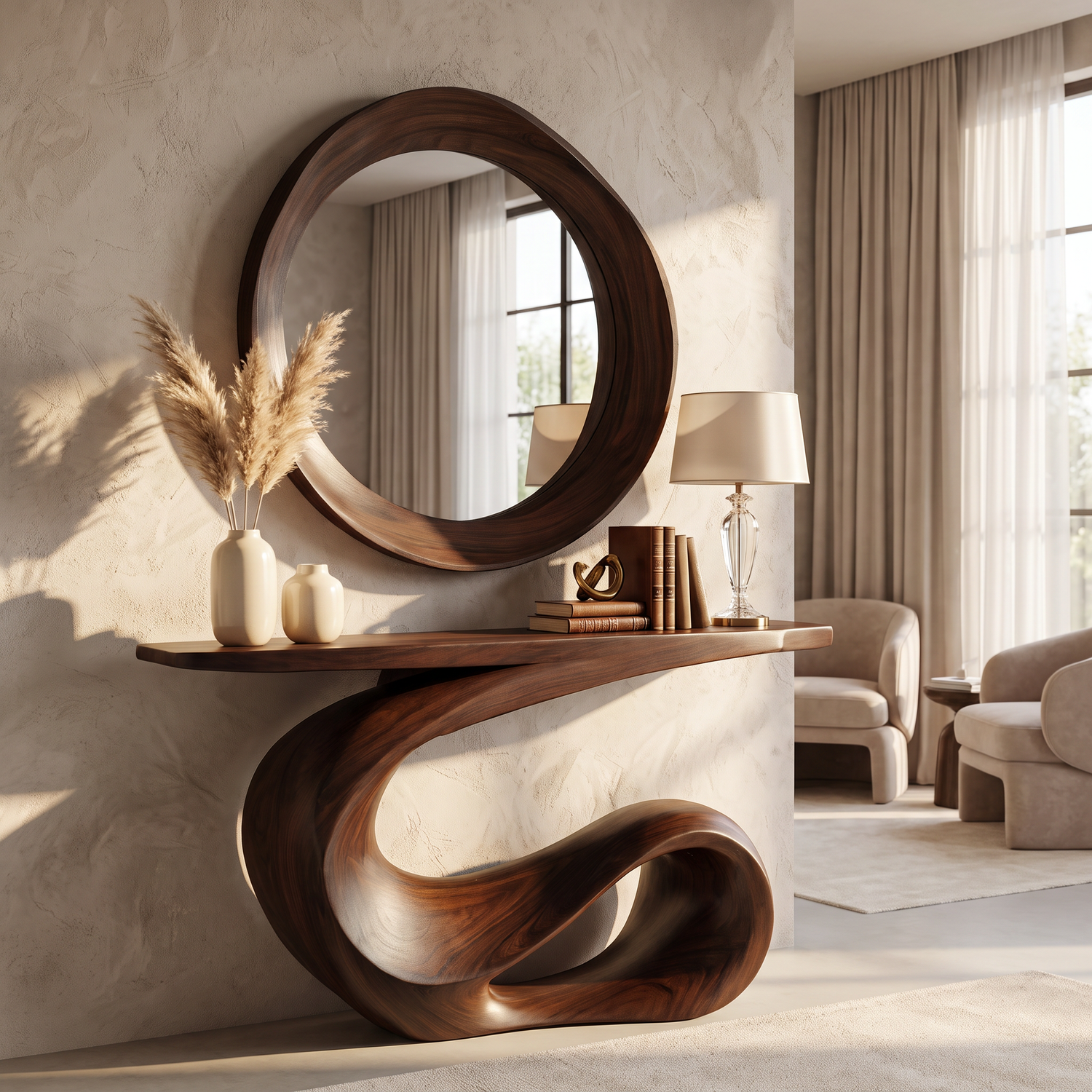 Console Table Solid Wood with Sculptural Loop Wave Base for Entryway Decor