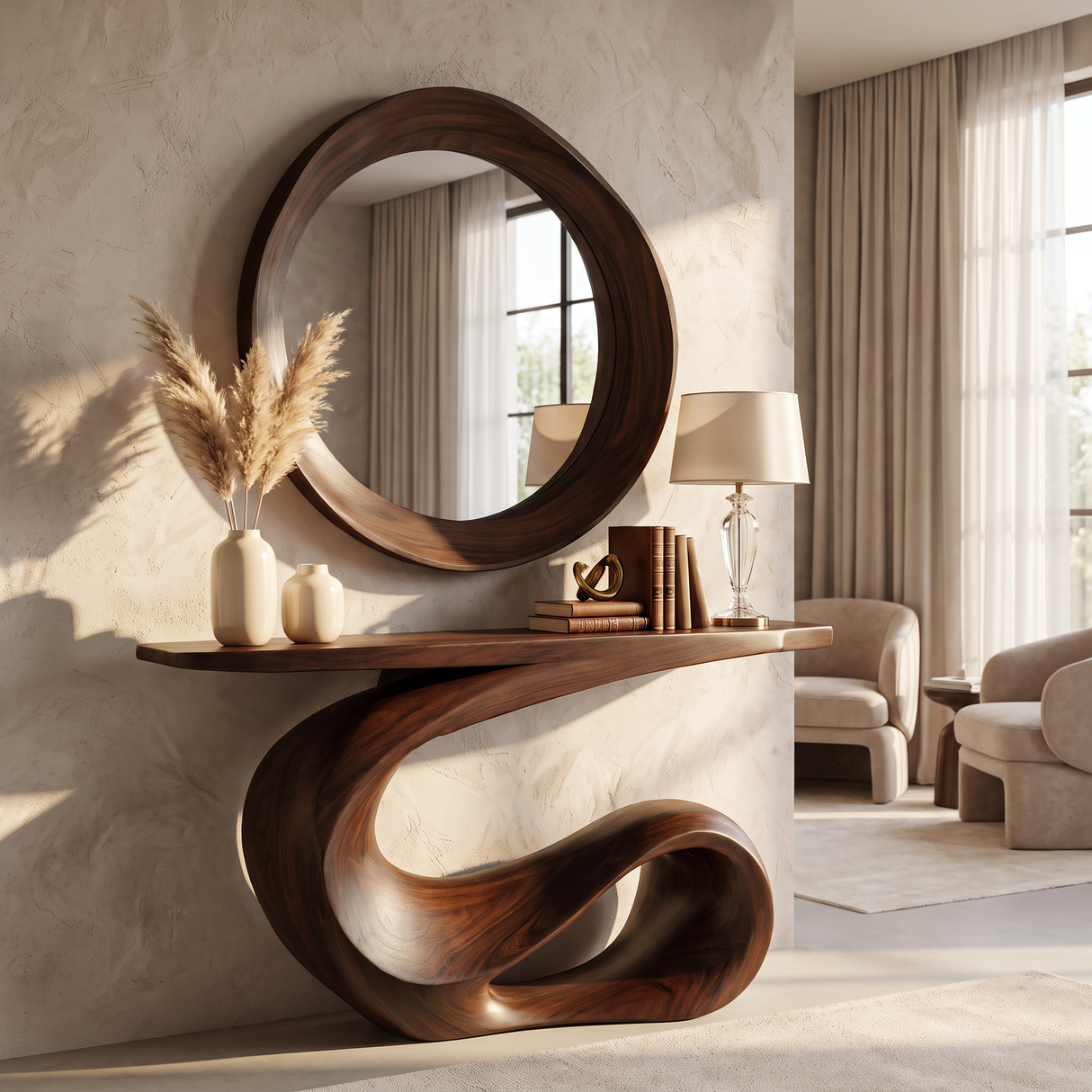 Console Table Solid Wood with Sculptural Loop Wave Base for Entryway Decor