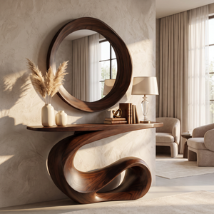 Console Table Solid Wood with Sculptural Loop Wave Base for Entryway Decor