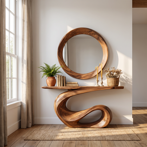 Console Table Solid Wood with Sculptural Loop Wave Base for Entryway Decor