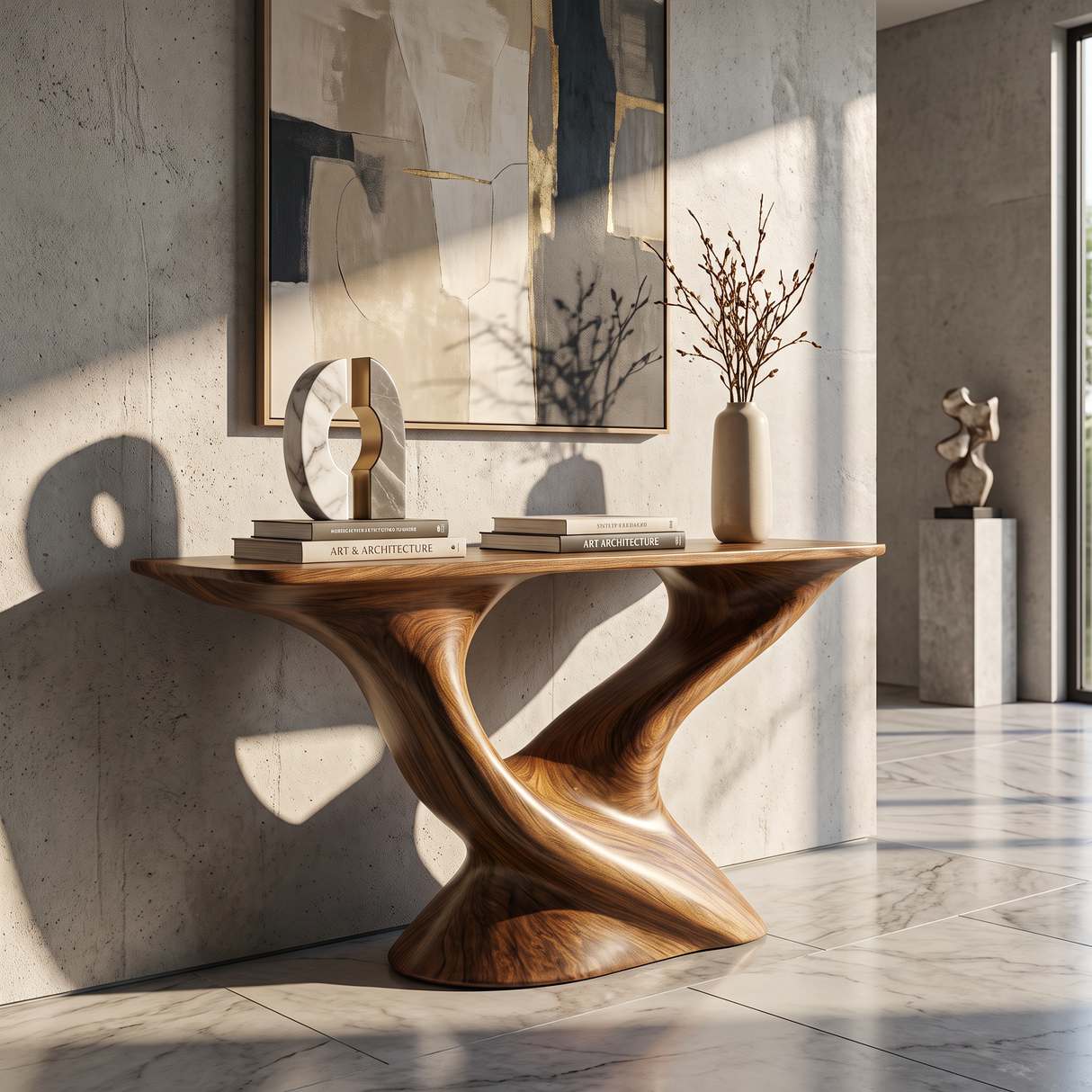 Console Table Solid Wood with Sculptural Tree Form Base for Entryway Decor