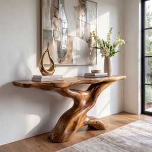 Console Table Solid Wood with Sculptural Tree Branch Base for Entryway Decor