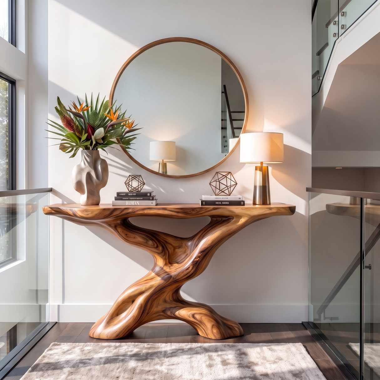 Console Table Solid Wood with Sculptural Tree Branch Base for Entryway Decor