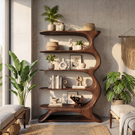 Wave Spine Wood Display Bookcase with Floating Open Shelves