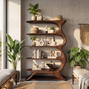 Wave Spine Wood Display Bookcase with Floating Open Shelves