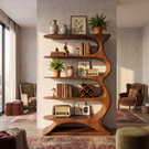Wave Spine Wood Display Bookcase with Floating Open Shelves