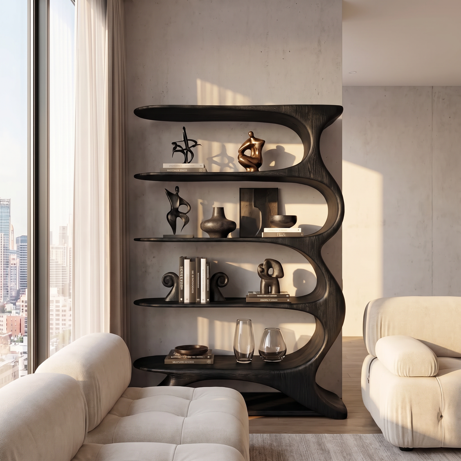 Wave Spine Wood Display Bookcase with Floating Open Shelves