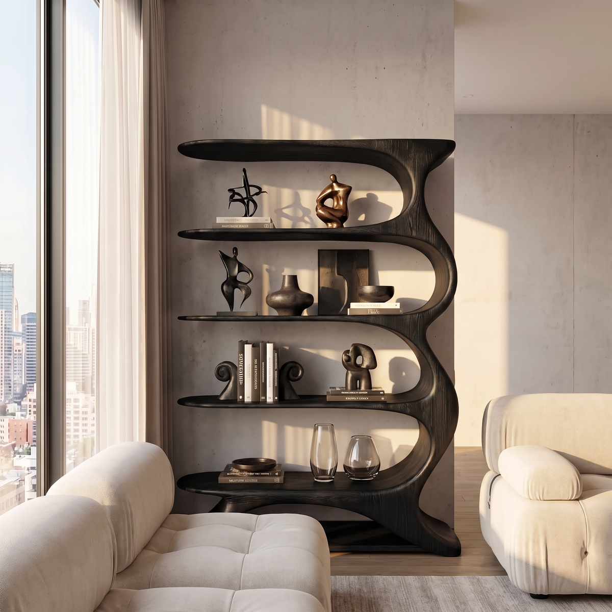 Wave Spine Wood Display Bookcase with Floating Open Shelves