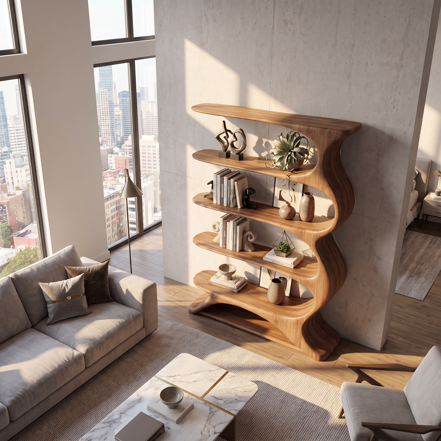 Wave Spine Wood Display Bookcase with Floating Open Shelves