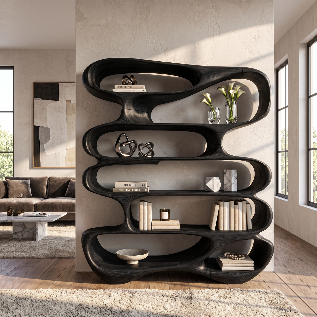 Flowing Open Form Wood Display Shelf with Sculptural Tiered Shelving