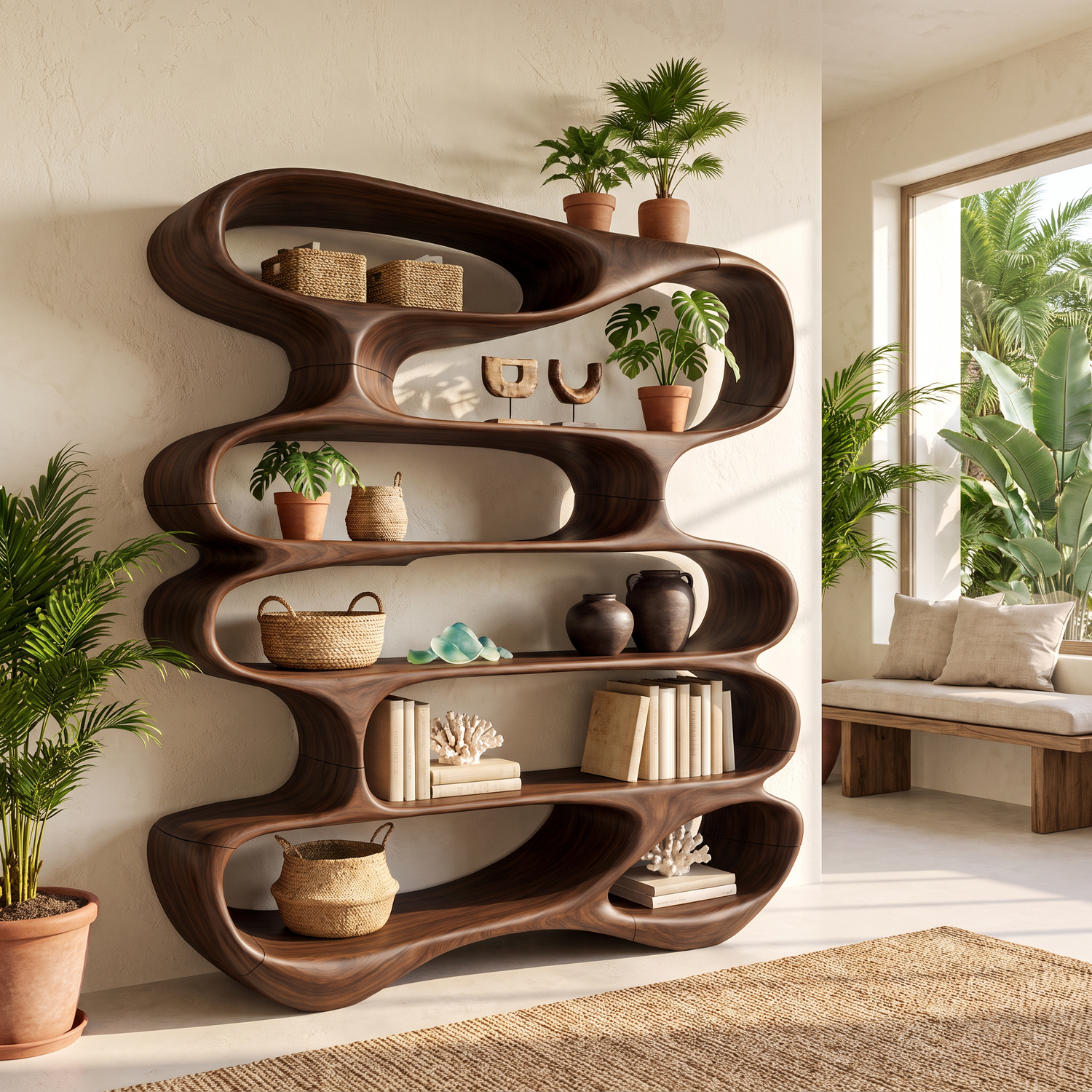 Flowing Open Form Wood Display Shelf with Sculptural Tiered Shelving