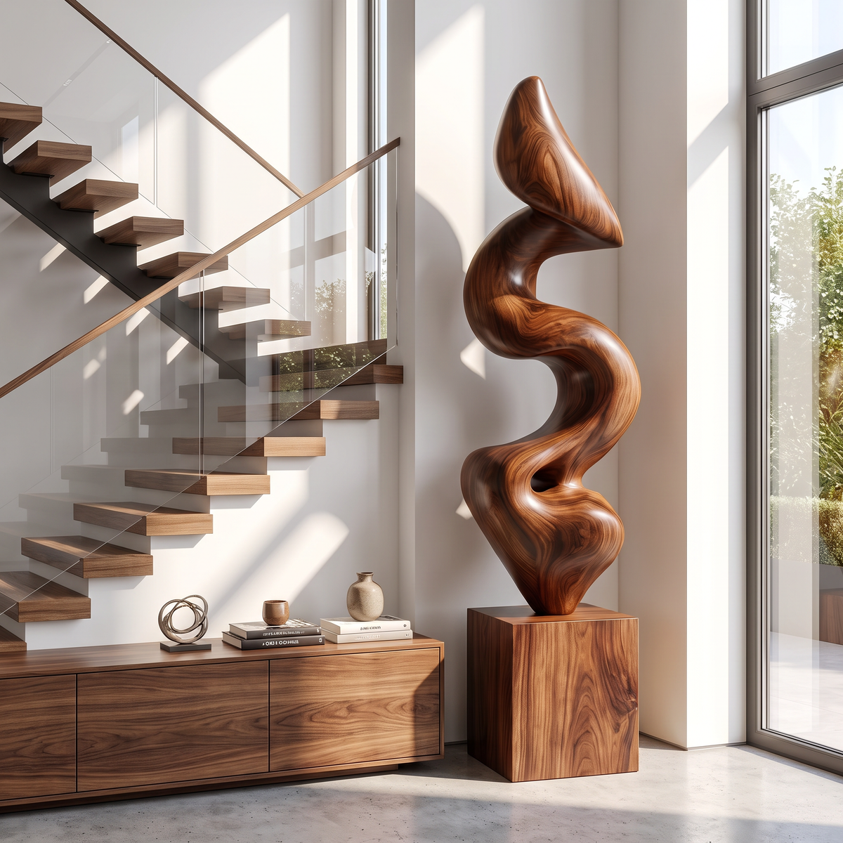 Handcrafted Solid Wood Floor Sculpture with Flowing Vertical Ribbon Form