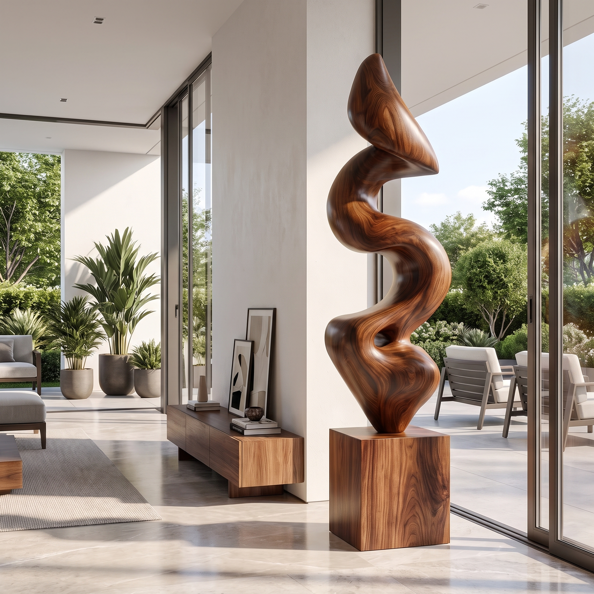 Handcrafted Solid Wood Floor Sculpture with Flowing Vertical Ribbon Form