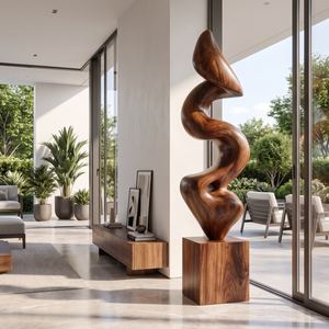 Handcrafted Solid Wood Floor Sculpture with Flowing Vertical Ribbon Form