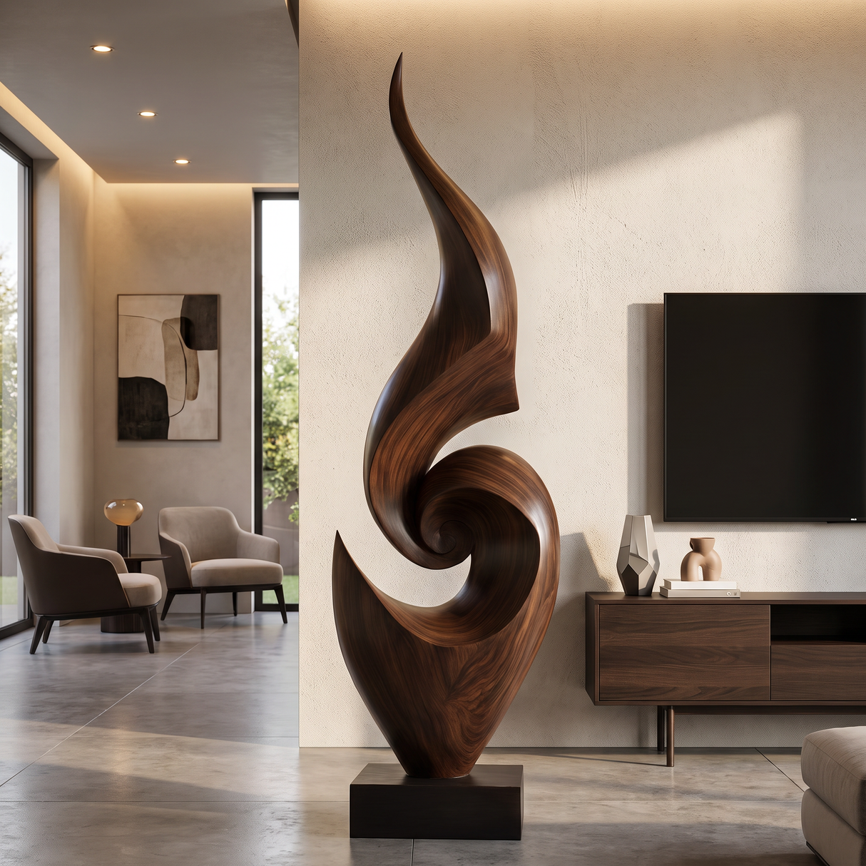 Tall Abstract Solid Wood Floor Sculpture for Luxury Living Room Interiors