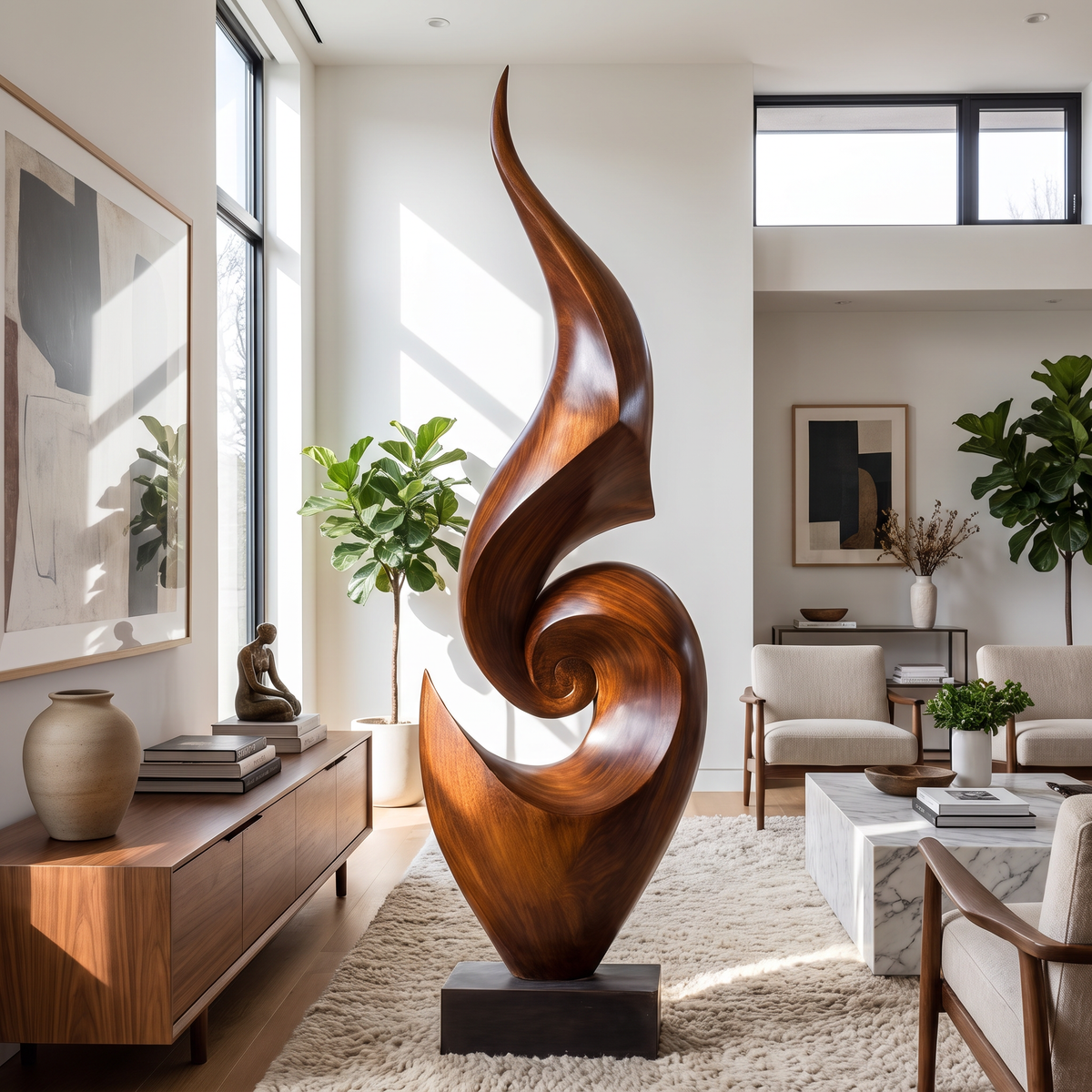 Tall Abstract Solid Wood Floor Sculpture for Luxury Living Room Interiors