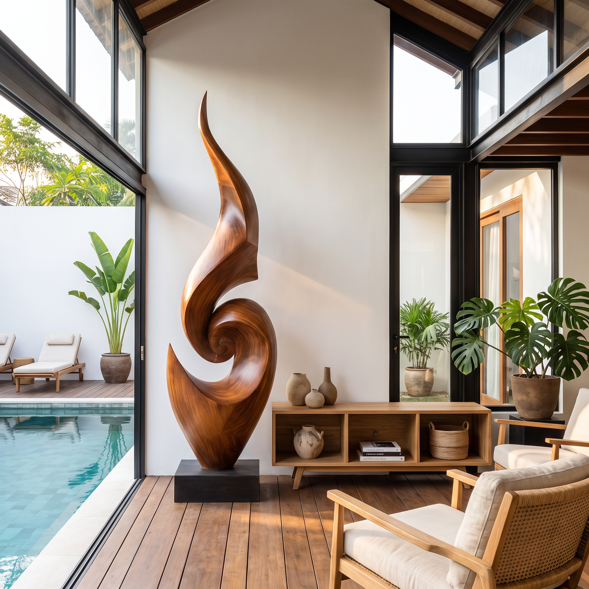 Tall Abstract Solid Wood Floor Sculpture for Luxury Living Room Interiors