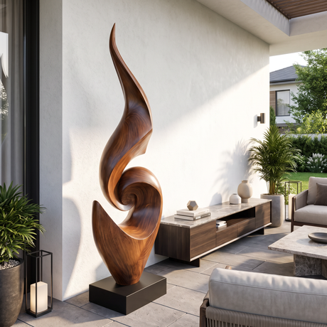 Tall Abstract Solid Wood Floor Sculpture for Luxury Living Room Interiors