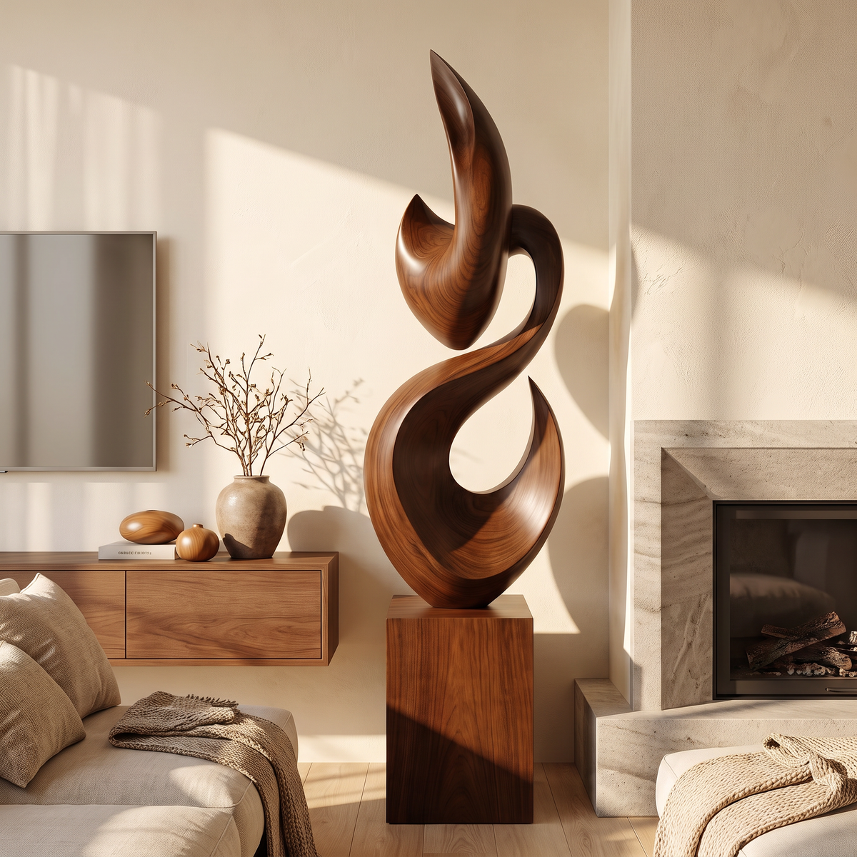 Tall Solid Wood Flame Floor Sculpture with Plinth for Modern Living Rooms