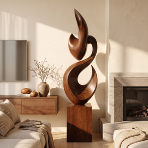 Tall Solid Wood Flame Floor Sculpture with Plinth for Modern Living Rooms