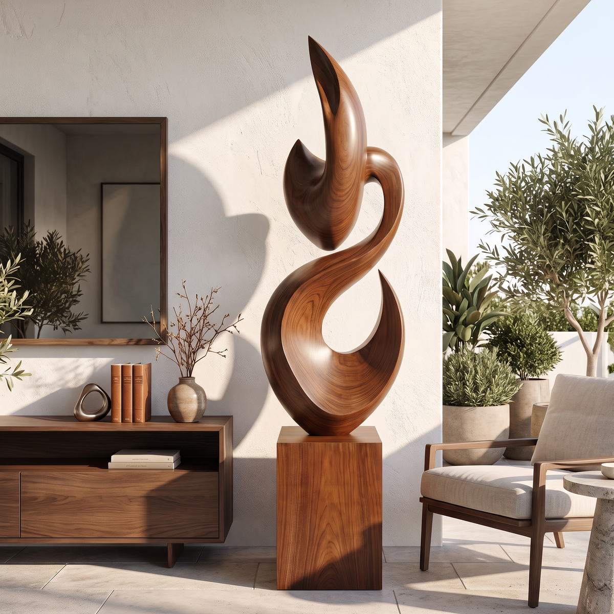 Tall Solid Wood Flame Floor Sculpture with Plinth for Modern Living Rooms