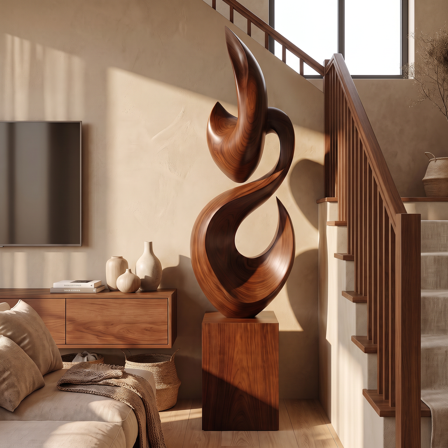 Tall Solid Wood Flame Floor Sculpture with Plinth for Modern Living Rooms