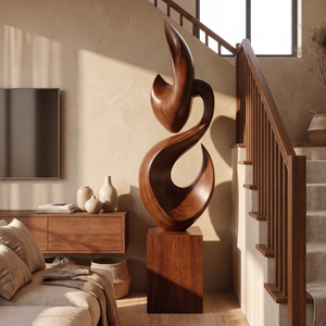 Tall Solid Wood Flame Floor Sculpture with Plinth for Modern Living Rooms