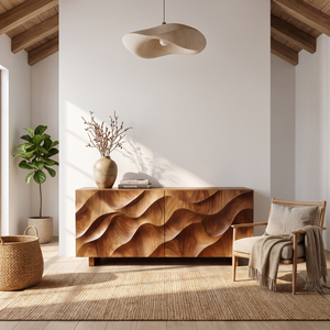Sideboard Solid Wood with Sculptural Ripple Carved Front