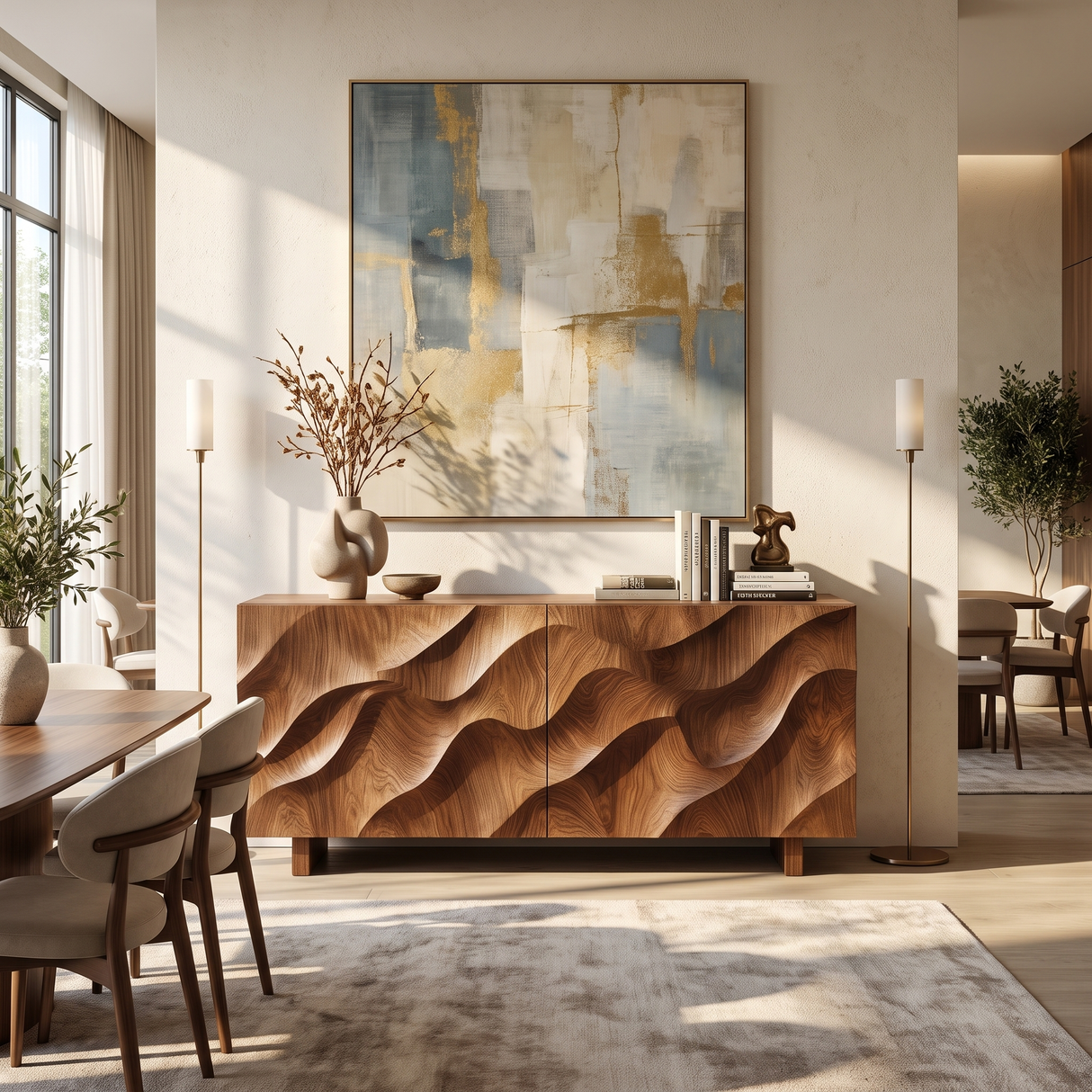Sideboard Solid Wood with Sculptural Ripple Carved Front