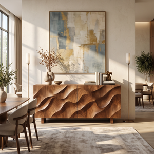 Sideboard Solid Wood with Sculptural Ripple Carved Front