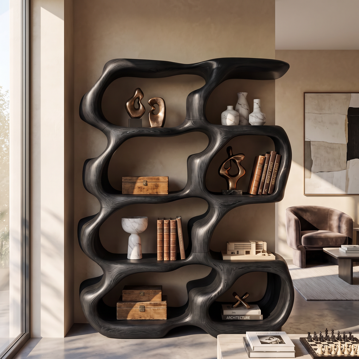 Sculptural Organic Wood Bookcase with Open Display Shelves