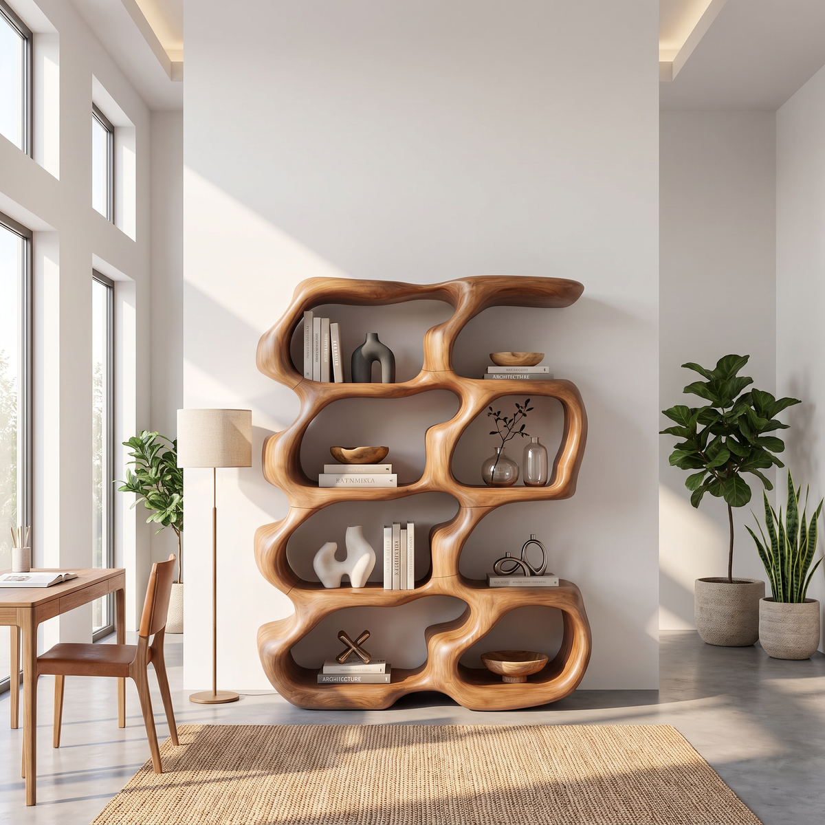Sculptural Organic Wood Bookcase with Open Display Shelves