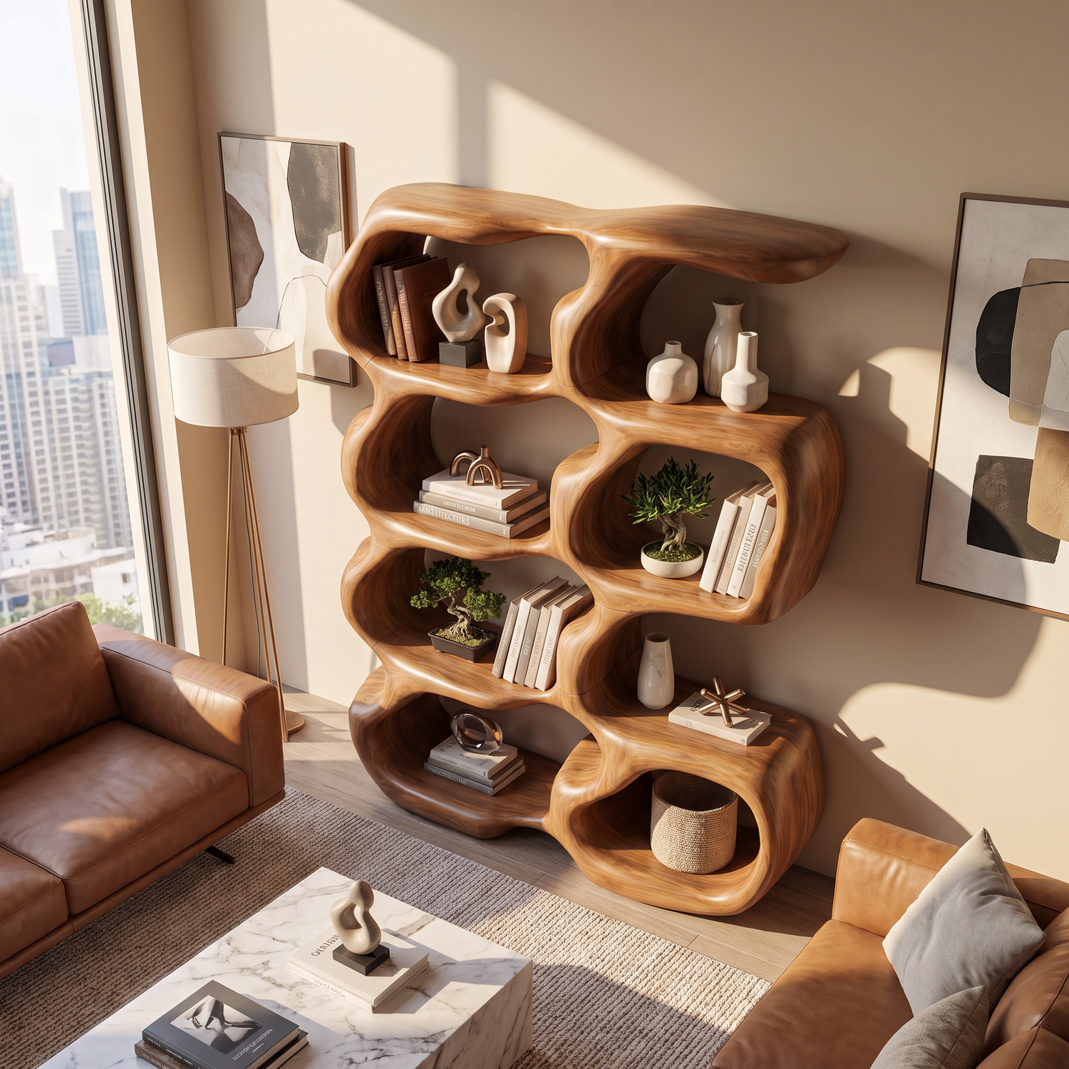 Sculptural Organic Wood Bookcase with Open Display Shelves