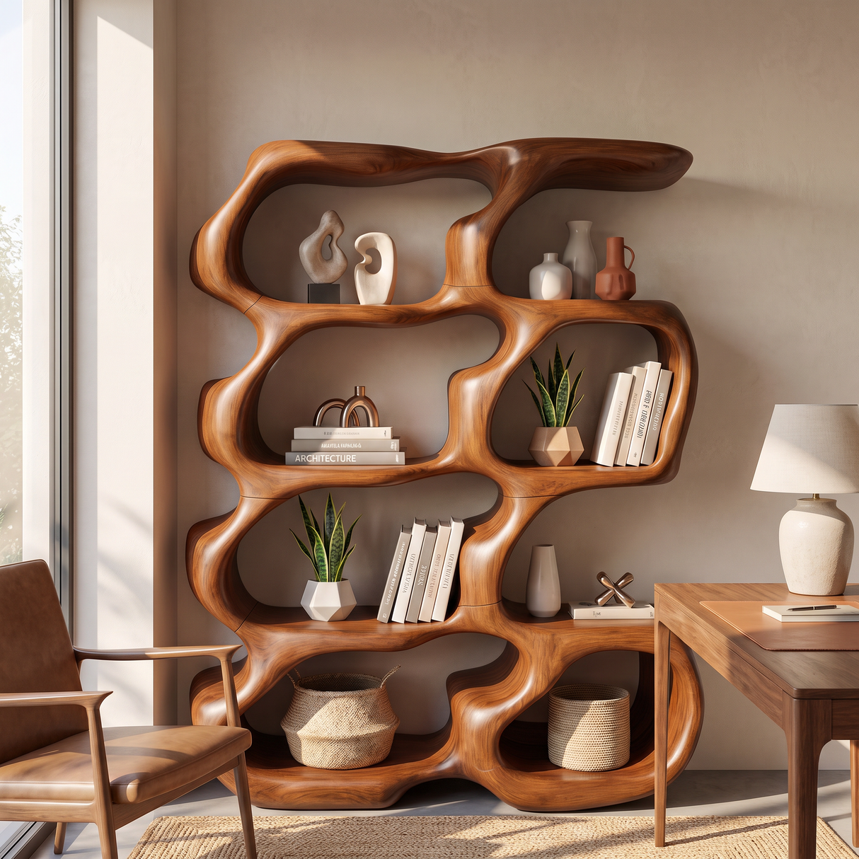 Sculptural Organic Wood Bookcase with Open Display Shelves