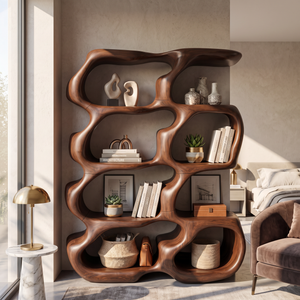 Sculptural Organic Wood Bookcase with Open Display Shelves