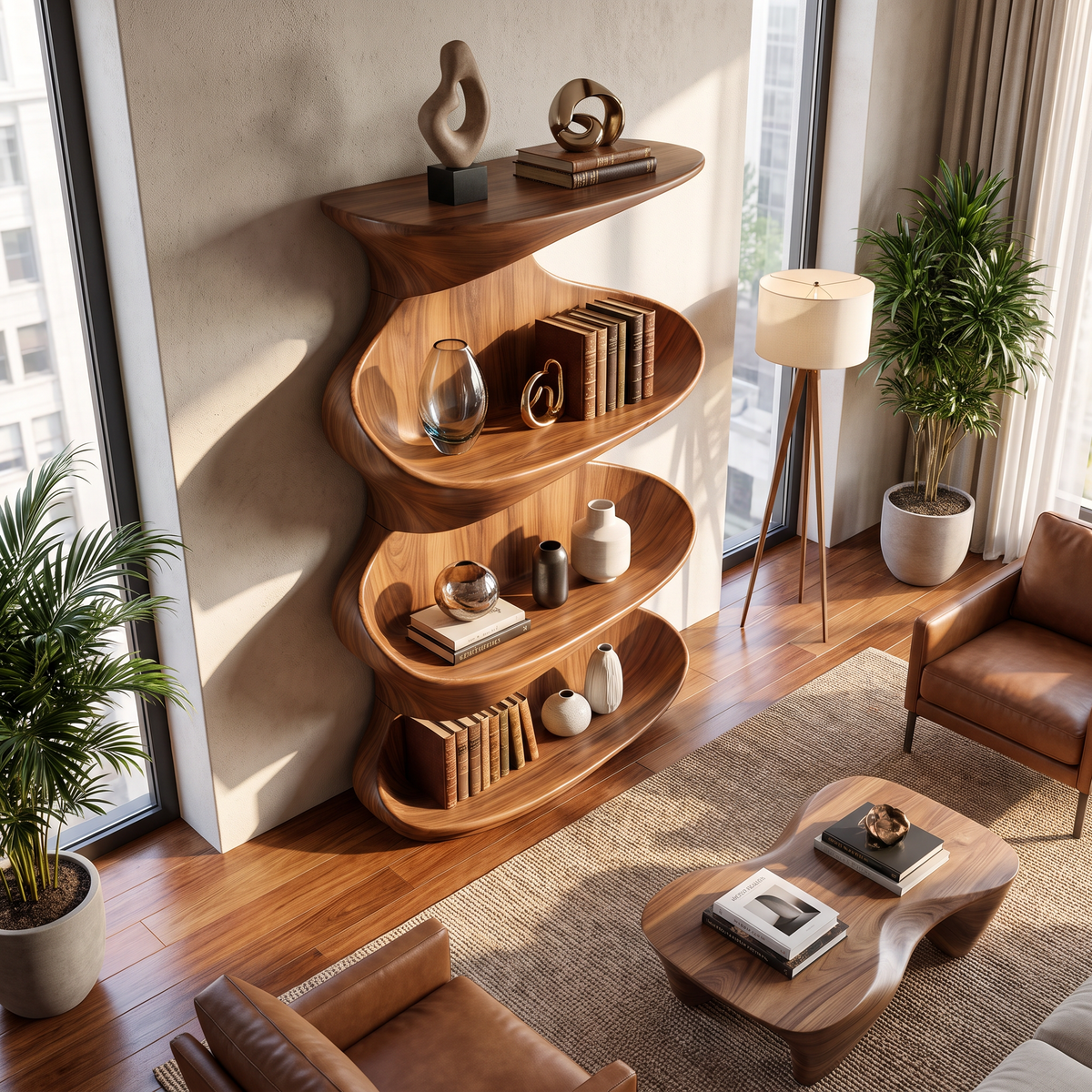 Twisted Wood Display Shelf with Tiered Open Shelves
