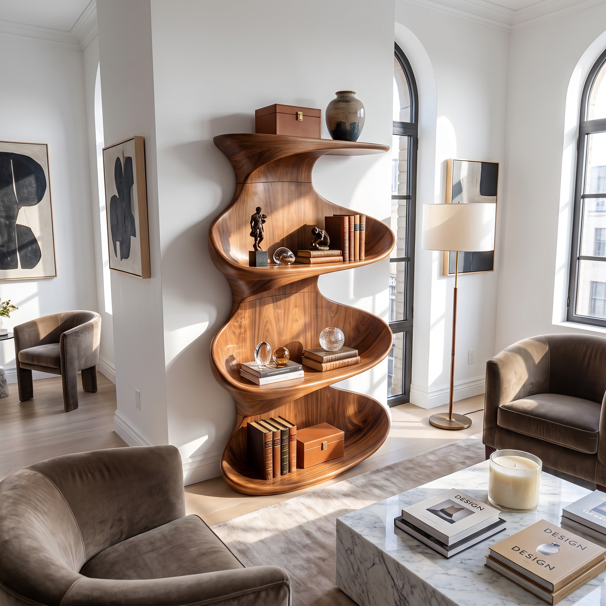 Twisted Wood Display Shelf with Tiered Open Shelves