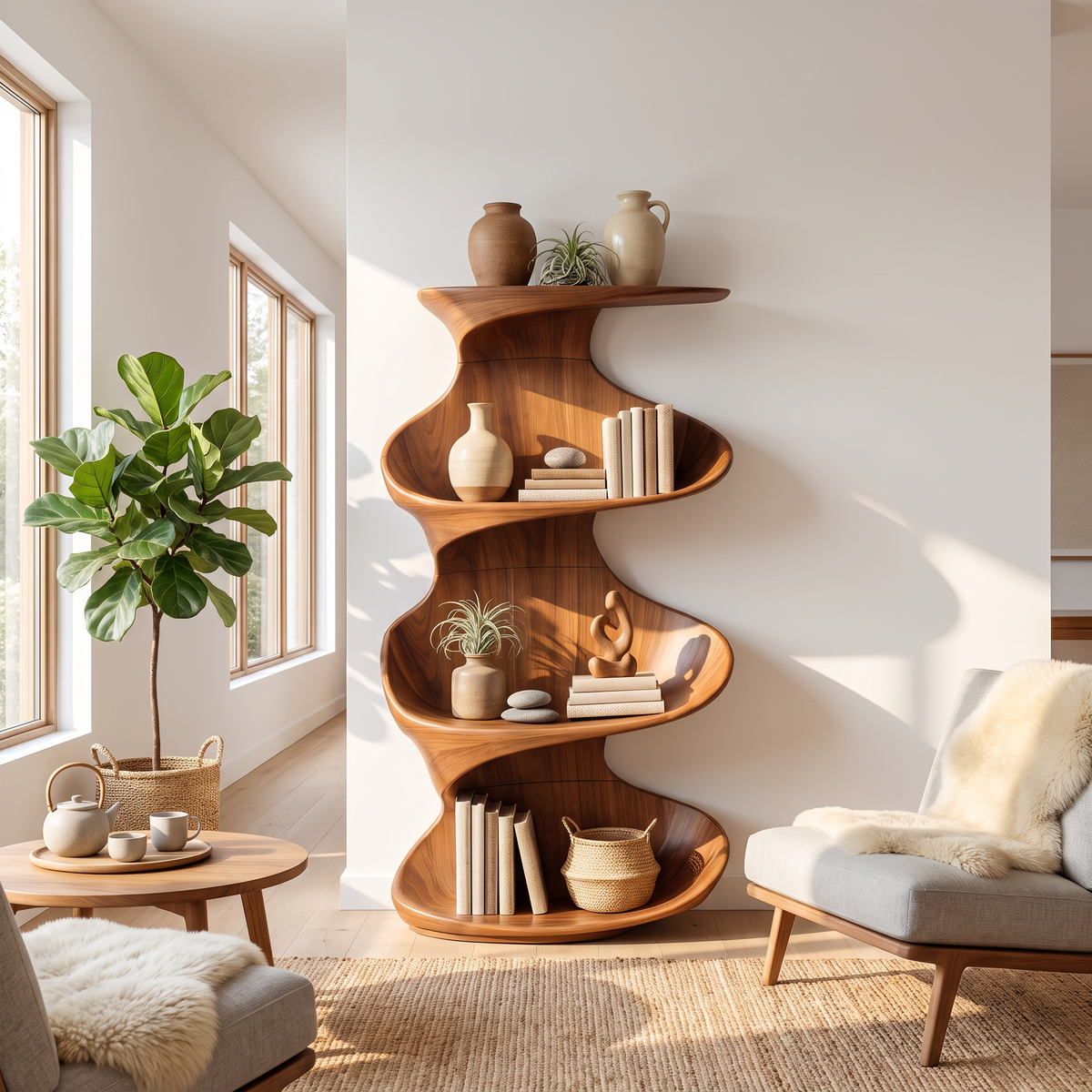 Twisted Wood Display Shelf with Tiered Open Shelves