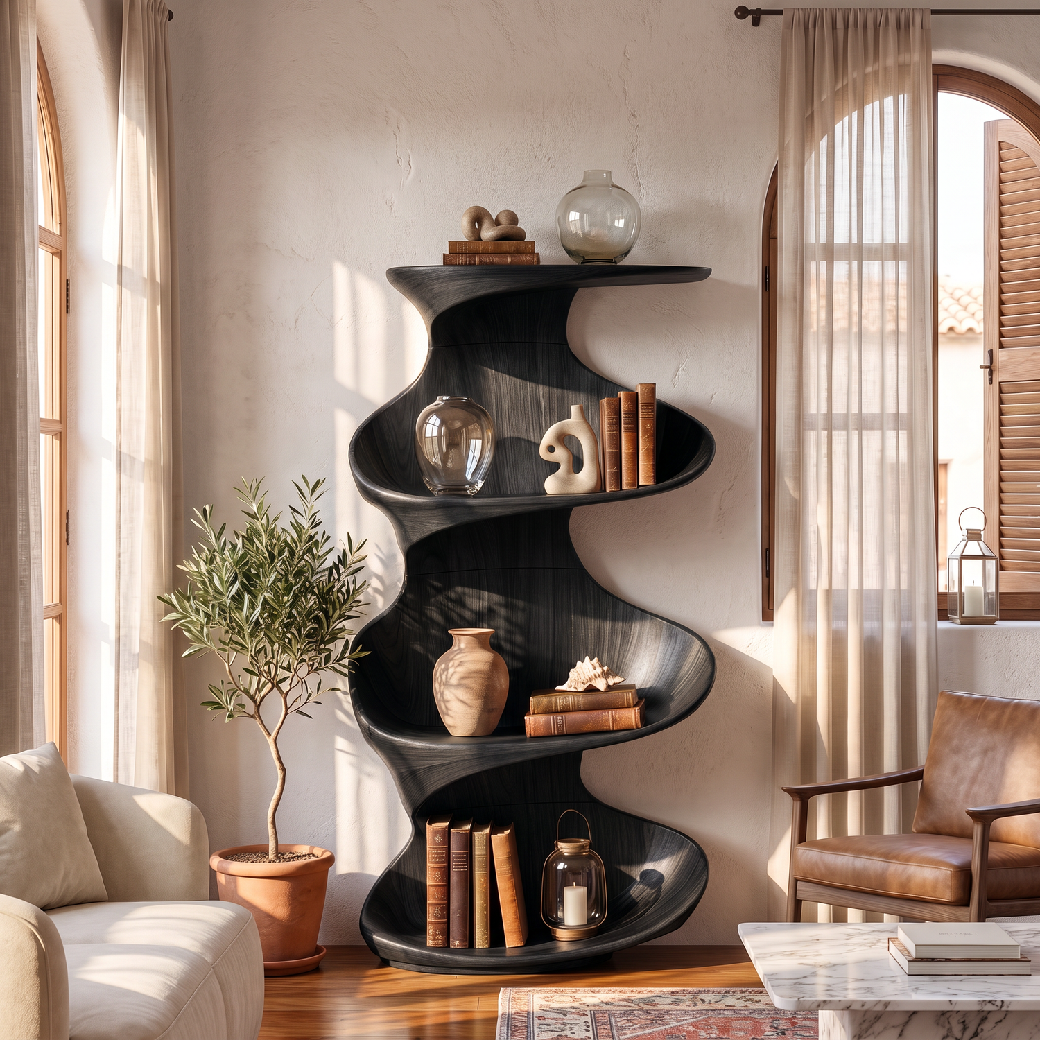Twisted Wood Display Shelf with Tiered Open Shelves