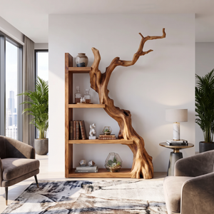 Vertical Solid Wood Bookshelf with Sculptural Tree Form Organic Modern Display Shelf