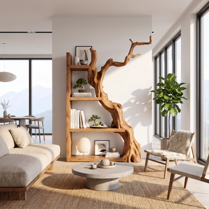 Vertical Solid Wood Bookshelf with Sculptural Tree Form Organic Modern Display Shelf