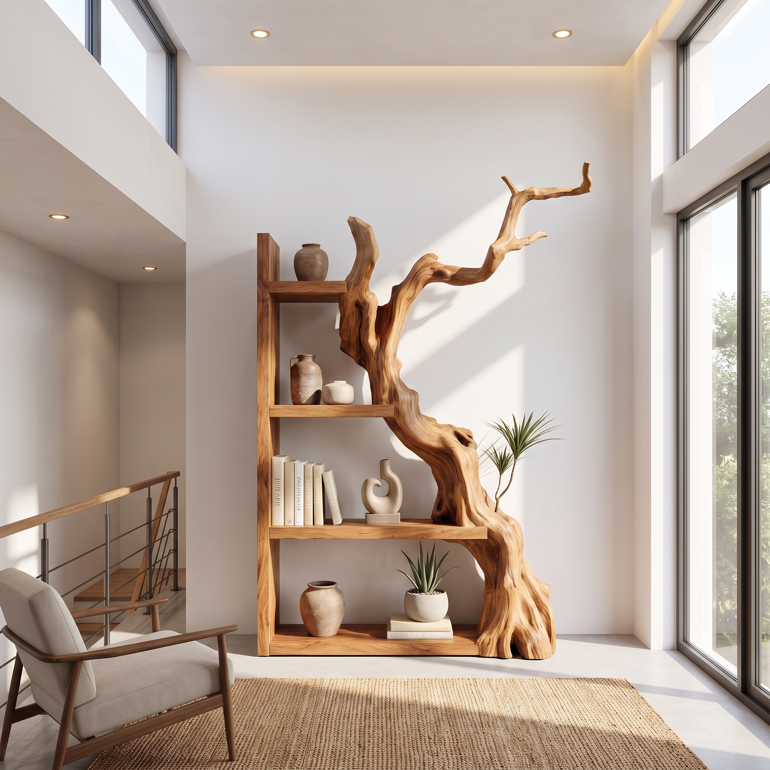 Vertical Solid Wood Bookshelf with Sculptural Tree Form Organic Modern Display Shelf