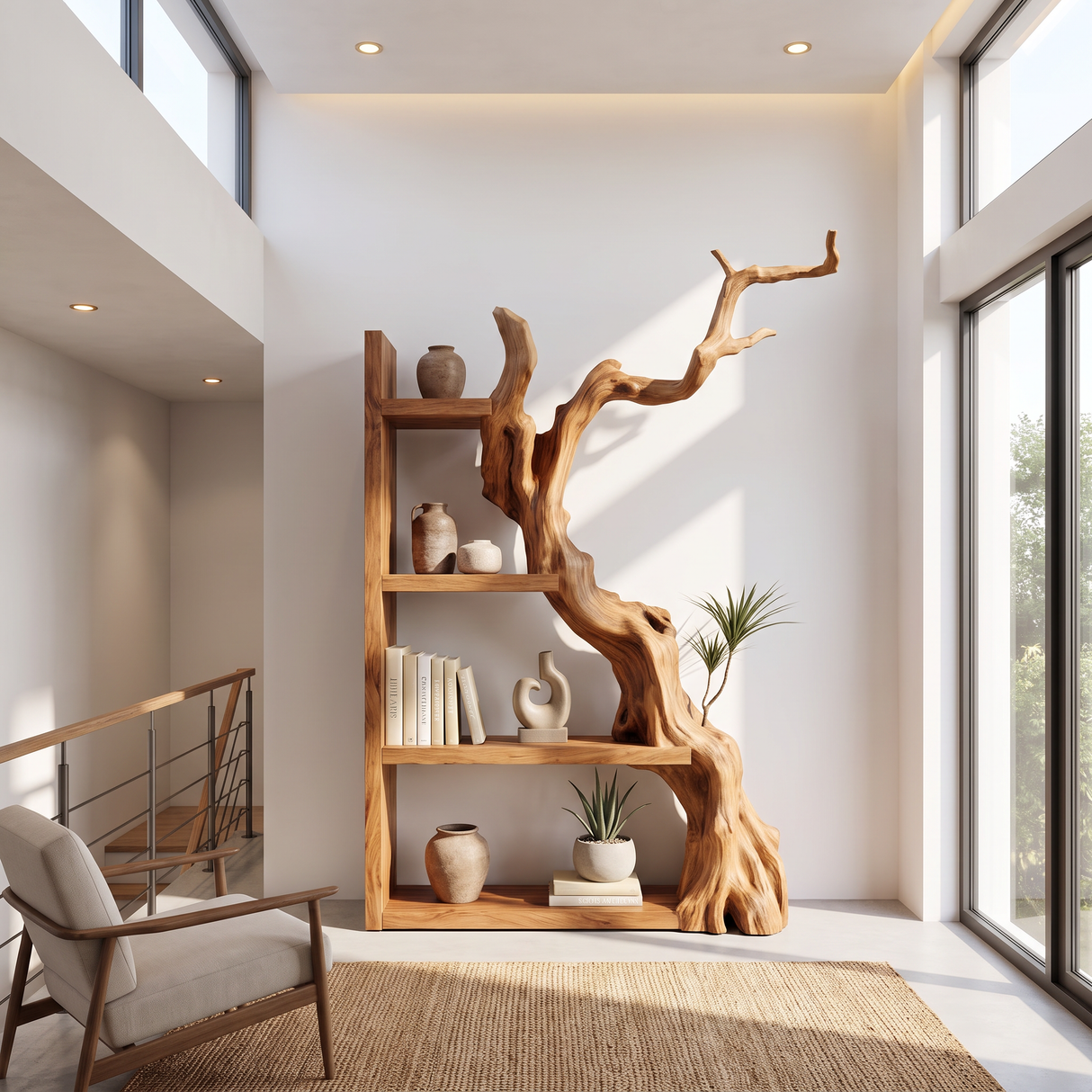 Vertical Solid Wood Bookshelf with Sculptural Tree Form Organic Modern Display Shelf